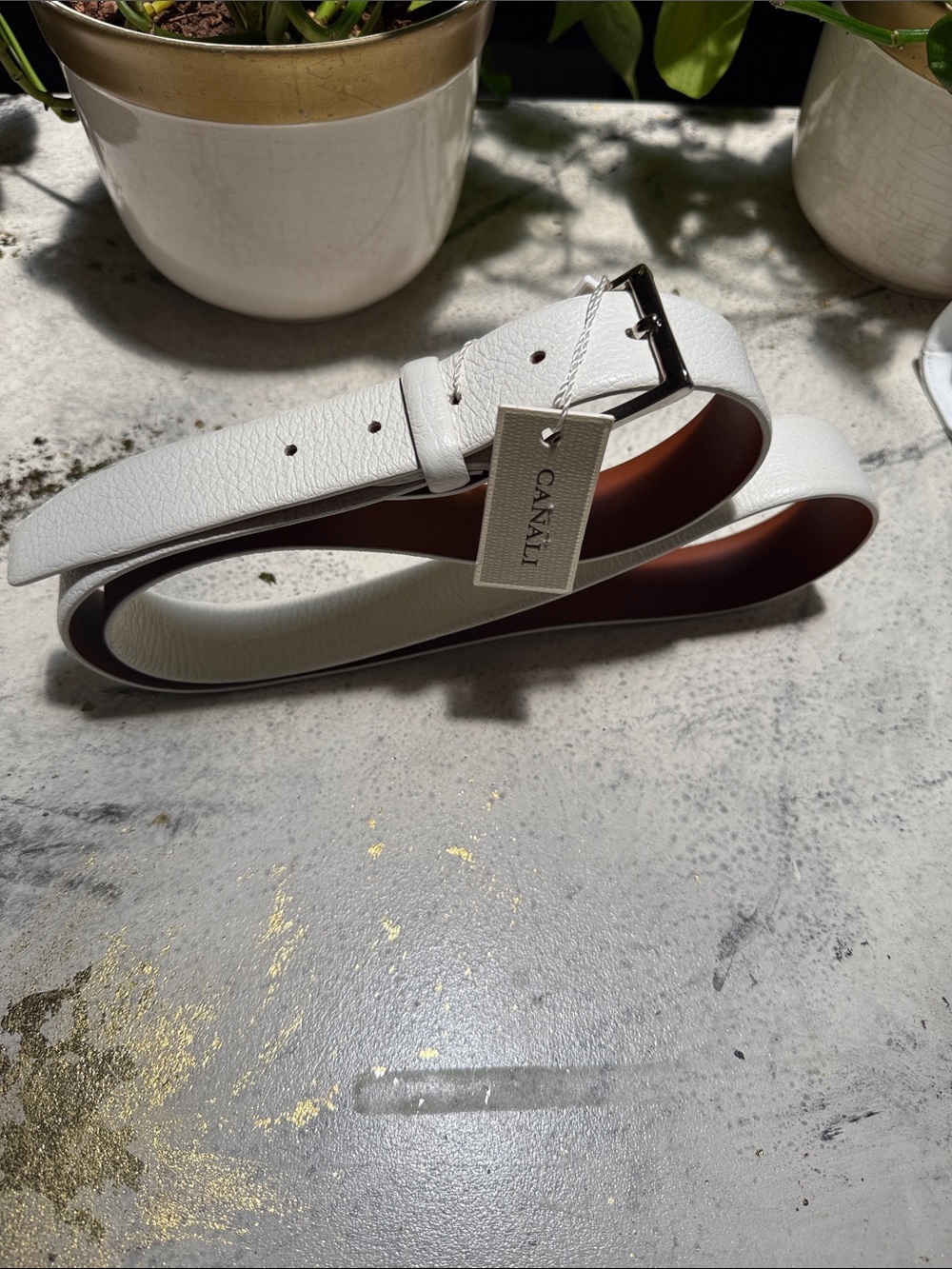 Canali cream off white Textured Italian Leather Belt with Silver Buckle